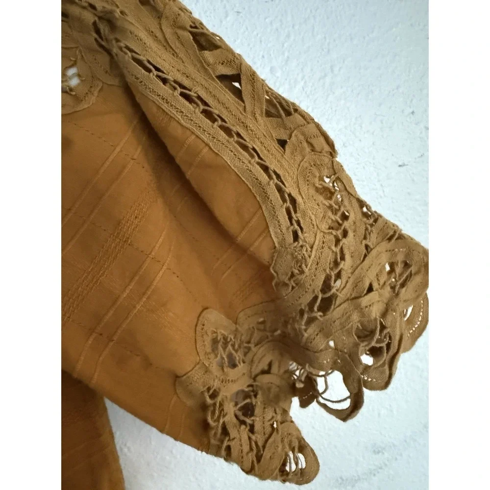 Free People Womens Size S Mustard Yellow Crochet Boho‎ Mini Dress Off Shoulders